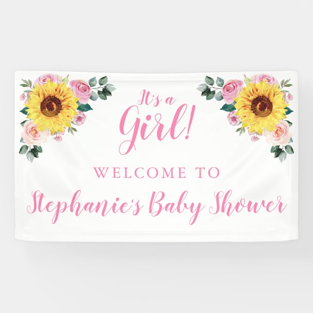 Baby Shower Sunflower Pink Floral Personalised Banner (Horizontal)