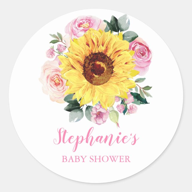 Baby Shower Sunflower Pink Floral Personalised Classic Round Sticker (Front)