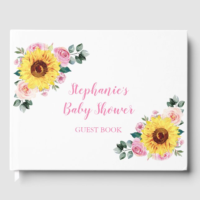 Baby Shower Sunflower Pink Floral Personalised Guest Book (Front)