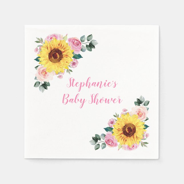 Baby Shower Sunflower Pink Floral Personalised Napkin (Front)
