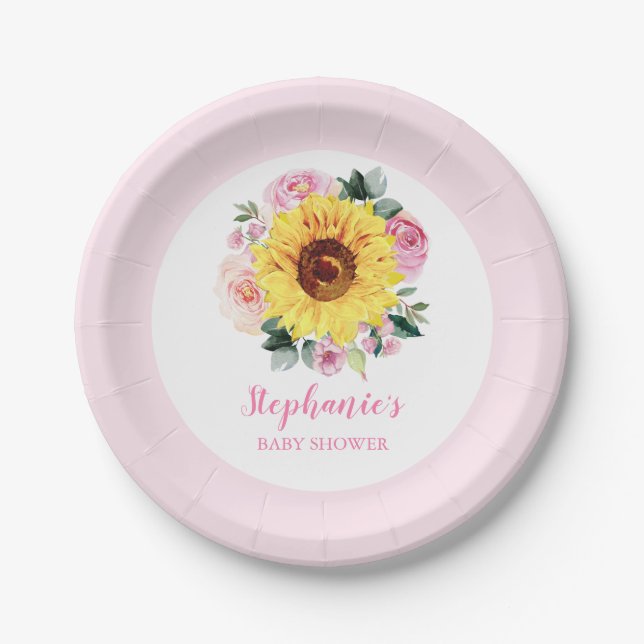 Baby Shower Sunflower Pink Floral Personalised Paper Plate (Front)