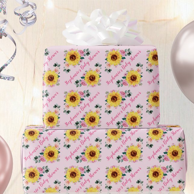 Baby Shower Sunflower Pink Roses Personalised Name Wrapping Paper (Creator Uploaded)