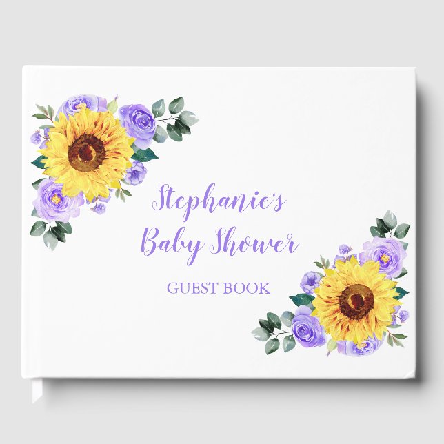 Baby Shower Sunflower Purple Floral Personalised Guest Book (Front)