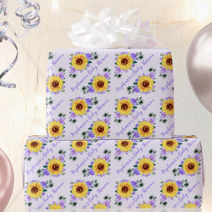 Baby Shower Sunflower Purple Personalised Name Wrapping Paper