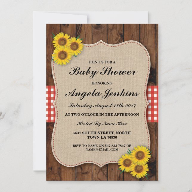 Baby Shower Sunflower Wood Burlap Floral Invite (Front)