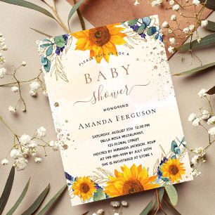 Baby Shower sunflowers eucalyptus gold glitter Invitation