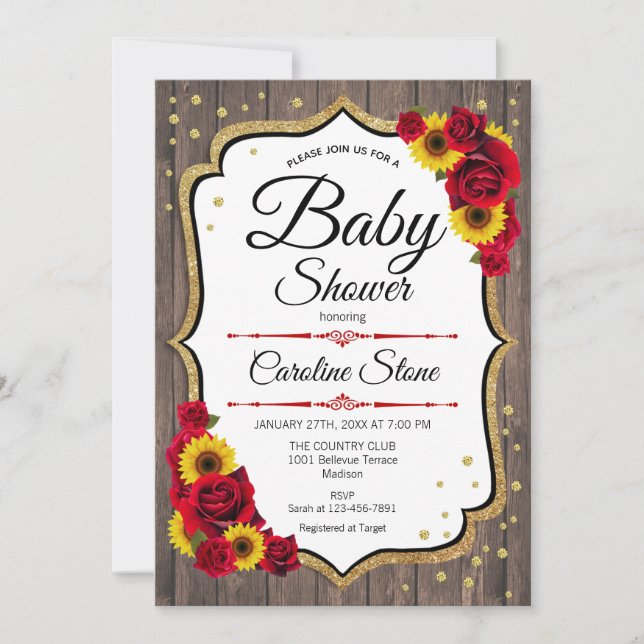 Baby Shower - Sunflowers Roses Rustic Wood Invitation (Front)