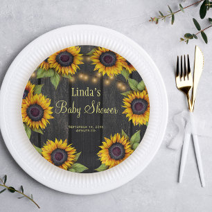 Baby shower sunflowers rustic barn wood paper plate