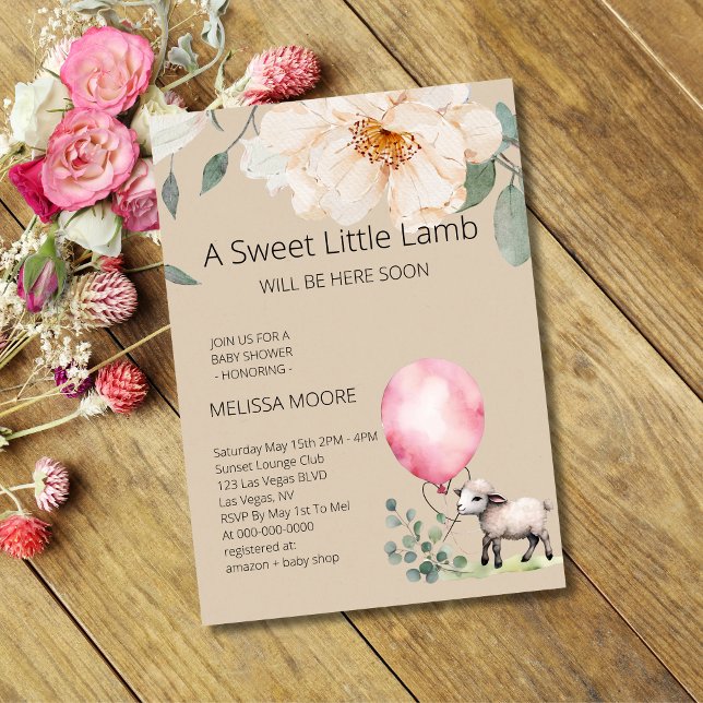 Baby Shower Sweet Little Lamb Pink Balloon Invitation (Creator Uploaded)