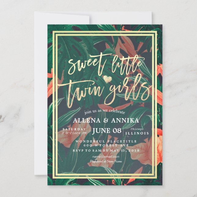 Baby Shower Sweet Little Twin Girl Tropical Floral Invitation (Front)