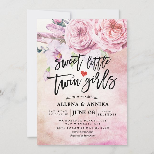 Baby Shower Sweet Little Twin Girls Boho Flowers Invitation (Front)