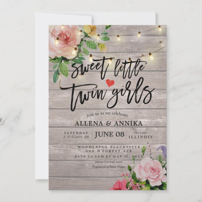Baby Shower Sweet Little Twin Girls Flowers Wood Invitation (Front)