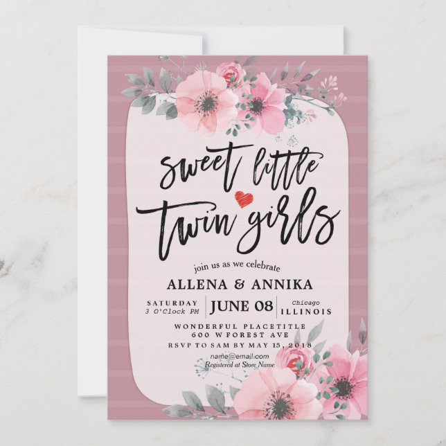 Baby Shower Sweet Little Twin Girls Pink Flowers Invitation (Front)
