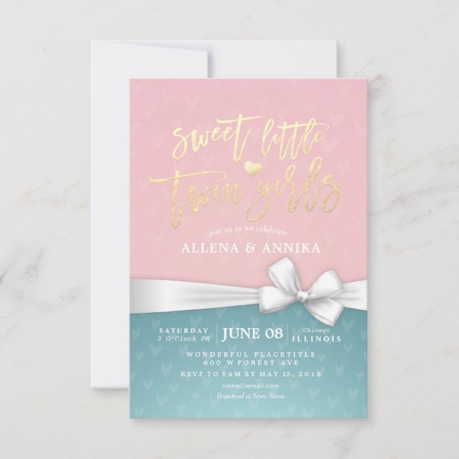 Baby Shower Sweet Little Twin Girls White Ribbon Invitation (Front)