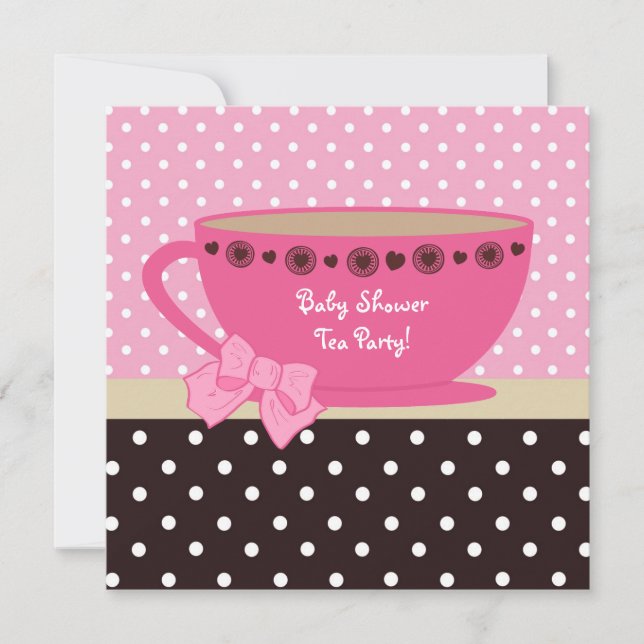 Baby Shower Tea Party Pink And Brown Polka Dots Invitation (Front)