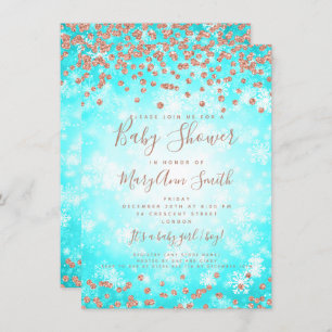 Baby Shower Teal Rose Gold Glitter Winter Wonder Invitation