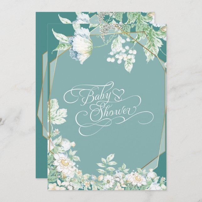 Baby Shower | Teal Wildflowers Berries Geometric Invitation (Front/Back)