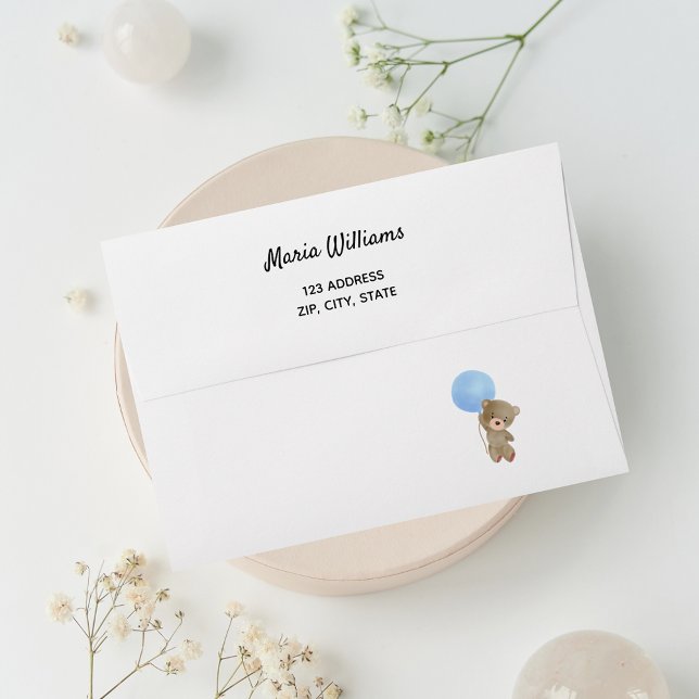 Baby shower teddy bear blue return address envelope (Creator Uploaded)