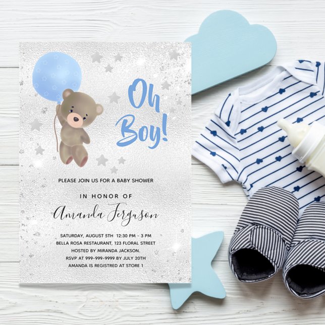 Baby shower teddy bear blue silver boy invitation (Creator Uploaded)