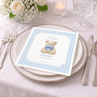 Baby Shower Teddy Bear & Blue Stripes Bearly Wait Napkin