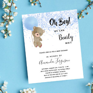 Baby shower teddy bear boy blue budget invitation flyer