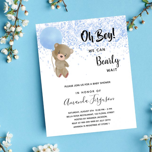 Baby shower teddy bear boy blue budget invitation flyer (Creator Uploaded)