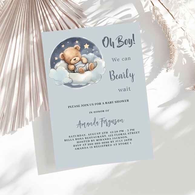 Baby shower teddy bear boy blue cloud cute luxury invitation (Creator Uploaded)