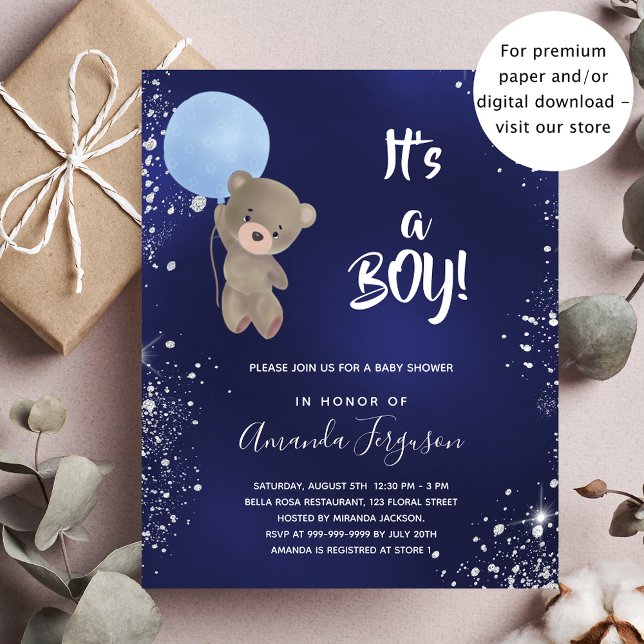 Baby shower teddy bear boy blue glitter invitation postcard (Creator Uploaded)