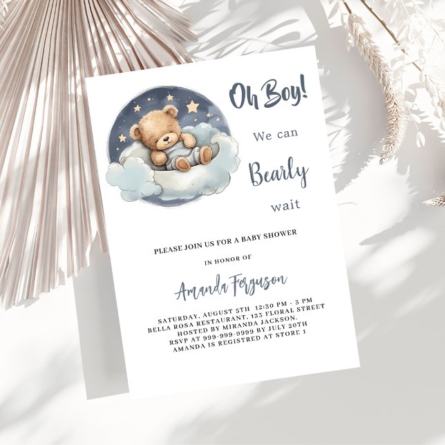 Baby shower teddy bear boy blue moon sky invitation (Creator Uploaded)