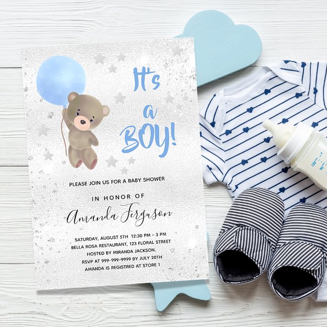 Baby shower teddy bear boy blue silver star invitation postcard (Creator Uploaded)