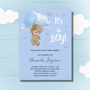 Baby shower teddy bear boy blue stars invitation postcard