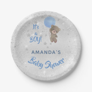 Baby shower teddy bear boy silver blue name paper plate