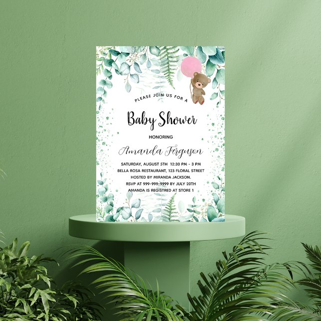 Baby Shower teddy bear eucalyptus girl forest Invitation Postcard (Creator Uploaded)