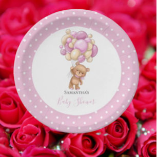 Baby Shower Teddy Bear Girl Pink Balloons   Paper Plate