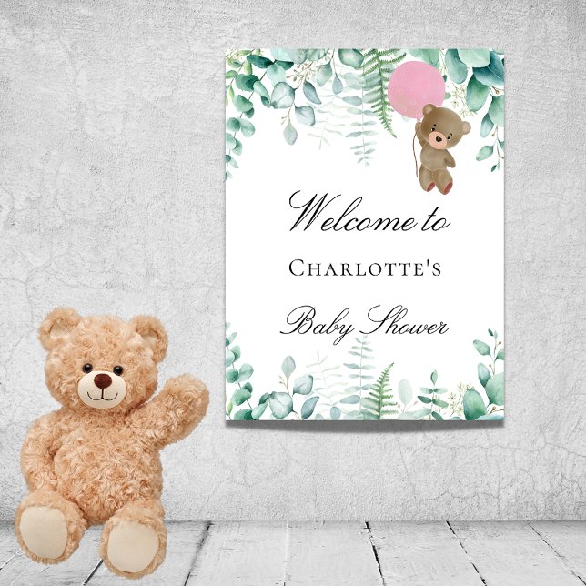 Baby shower teddy bear girl pink eucalyptus forest poster (Creator Uploaded)