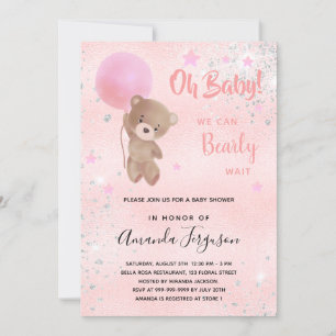 Baby shower teddy bear girl pink silver invitation