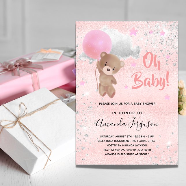 Baby shower teddy bear girl pink silver invitation (Creator Uploaded)
