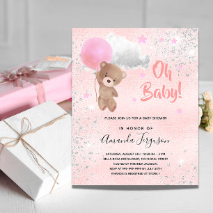 Baby shower teddy bear girl pink silver invitation postcard