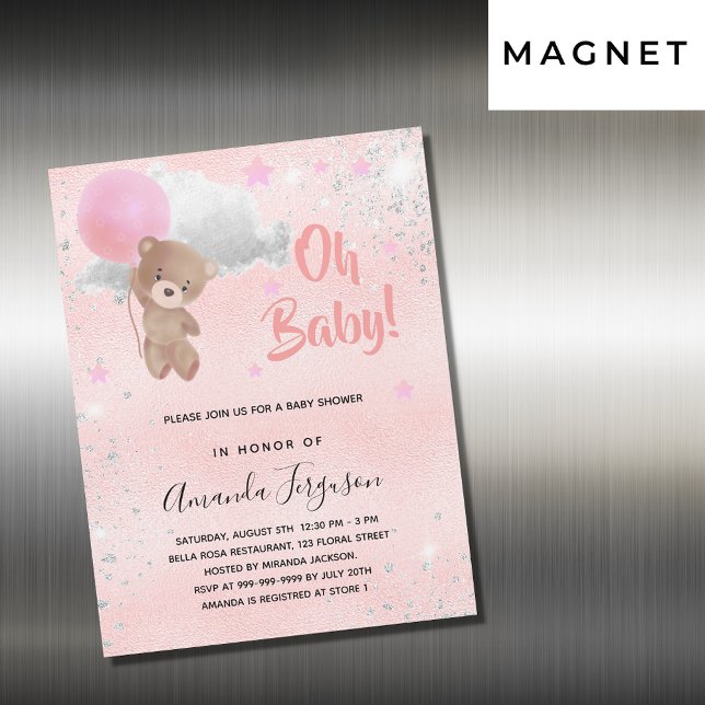 Baby shower teddy bear girl pink silver luxury magnetic invitation (Creator Uploaded)