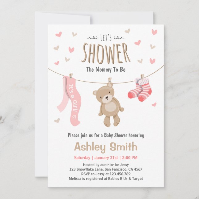 Baby Shower Teddy Bear Invitation Baby Girl pink (Front)