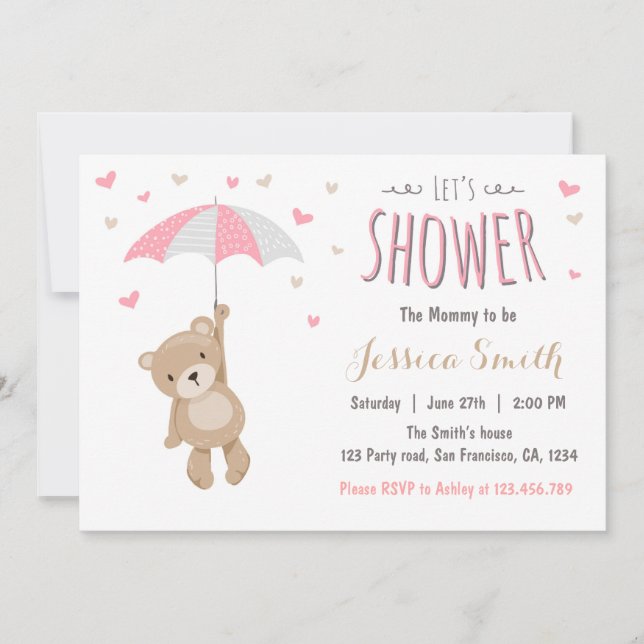 Baby Shower Teddy Bear Invitation Baby Girl Pink (Front)