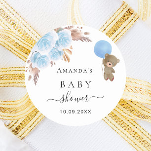 Baby Shower teddy bear pampas grass blue boy Classic Round Sticker