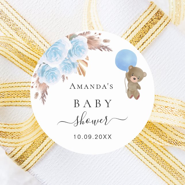 Baby Shower teddy bear pampas grass blue boy Classic Round Sticker (Creator Uploaded)