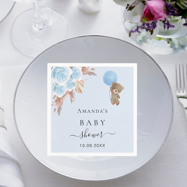 Baby Shower teddy bear pampas grass blue boy Napkin (Creator Uploaded)