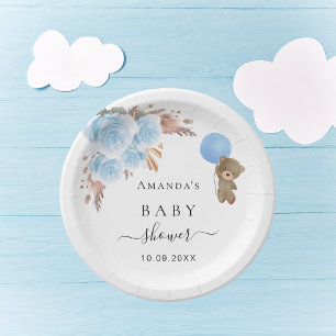 Baby Shower teddy bear pampas grass blue boy  Paper Plate