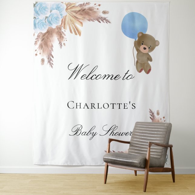 Baby shower teddy bear pampas grass blue boy tapestry (In Situ)