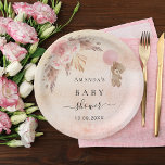 Baby Shower teddy bear pampas grass blush rose Paper Plate<br><div class="desc">For an elegant and modern baby shower. A rustic blush pink,  rose gold gradient background. Decorated with rose gold,  pink florals,  pampas grass and a teddy bear holding a balloon. Personalise and add a name and date.</div>