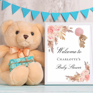 Baby shower teddy bear pampas grass rose blush poster