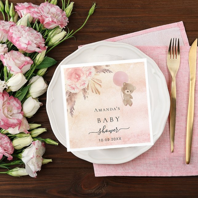 Baby Shower teddy bear pampas grass rose gold Napkin (Creator Uploaded)