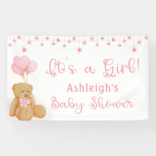 Baby Shower Teddy Bear Pink Balloons ITS A GIRL Banner (Horizontal)